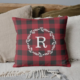 Rustic Red Buffalo Check Christmas Wreath Initial Throw Pillow