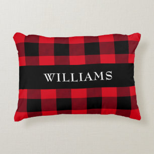 Rustic Red Buffalo Check Family Monogram Accent Pillow