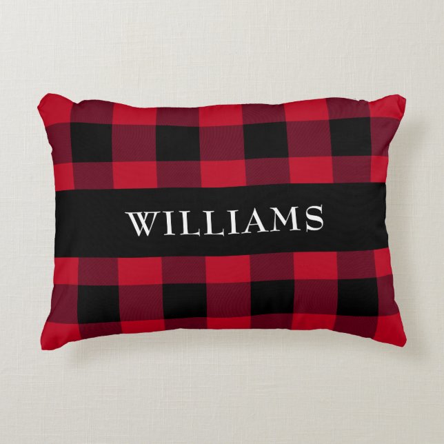 Rustic Red Buffalo Check Family Monogram Accent Pillow (Front)