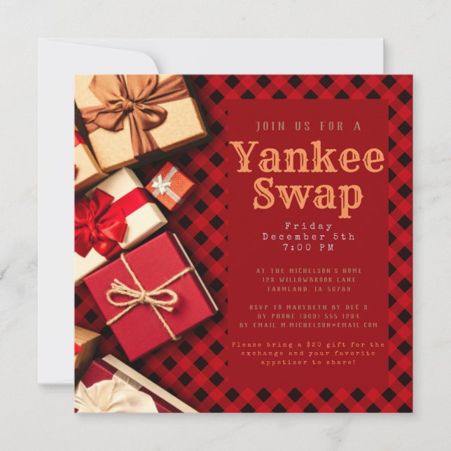 Rustic Red Buffalo Check Holiday Gift Exchange  Invitation (Front)