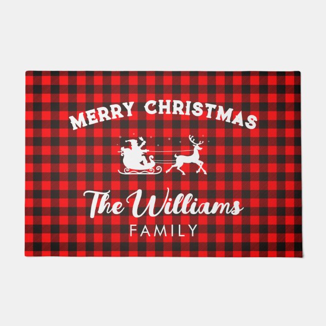 Rustic Red Buffalo Check Personalized Christmas Do Doormat (Front)