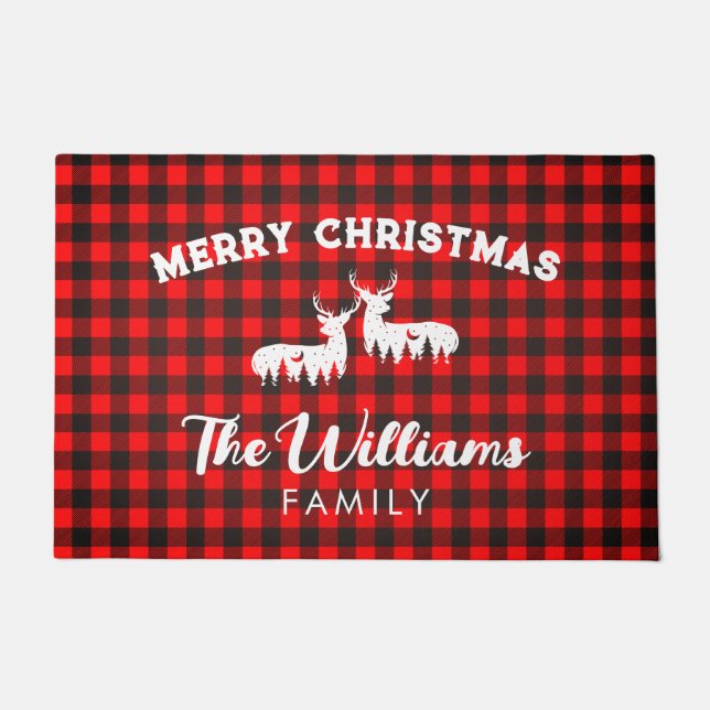 Rustic Red Buffalo Check Personalized Christmas Doormat (Front)