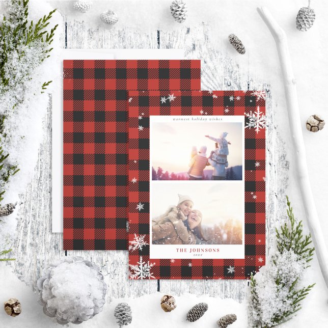 Rustic Red Buffalo Check Snowflake 2 Photo Holiday Card (Creator Uploaded)