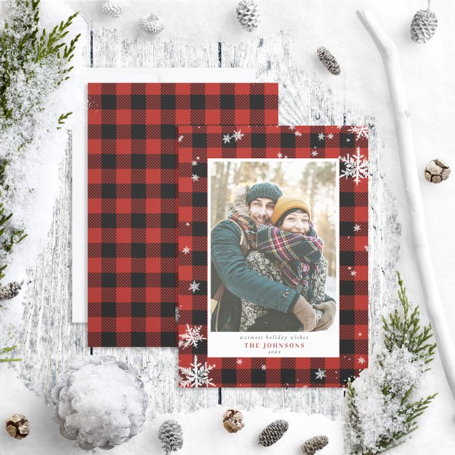 Rustic Red Buffalo Check Snowflake Photo Holiday Card (Creator Uploaded)