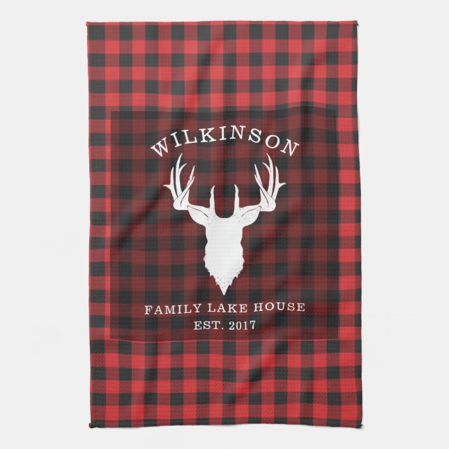 Rustic Red Buffalo Family Plaid Lake Kitchen Towel (Vertical)