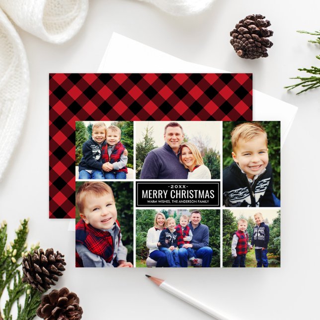 Rustic Red Buffalo Plaid 6 Photo Merry Christmas Holiday Card (Creator Uploaded)