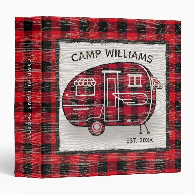 Rustic Red Buffalo Plaid Camper Monogram Name Binder (Front/Spine)