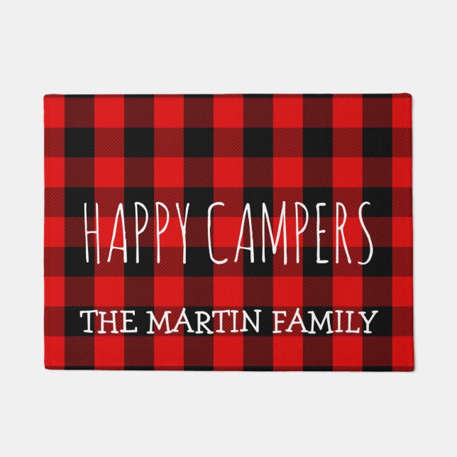 Rustic Red Buffalo Plaid Camping |  Happy Campers Doormat (Front)