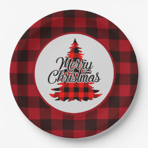 Rustic Red Buffalo Plaid Christmas Paper Plate
