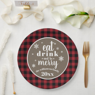 Rustic Red Buffalo Plaid Christmas Paper Plate