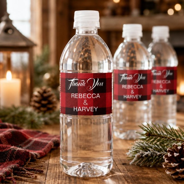 Rustic Red buffalo plaid Christmas winter wedding  Water Bottle Label (Rustic Red buffalo plaid Christmas winter wedding favor Water Bottle Label)