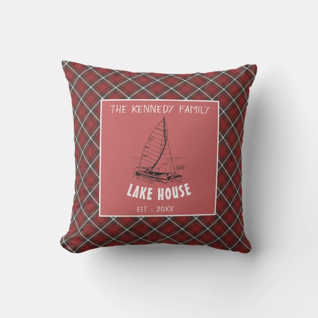 Rustic Red Buffalo Plaid Family Name Lake House Outdoor Pillow (Front)