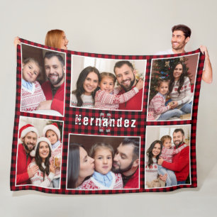Rustic Red Buffalo Plaid Family Photo Collage Fleece Blanket