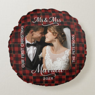 Rustic Red Buffalo Plaid First Christmas Married Round Pillow