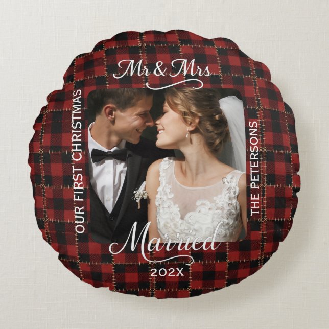 Rustic Red Buffalo Plaid First Christmas Married  Round Pillow (Front)