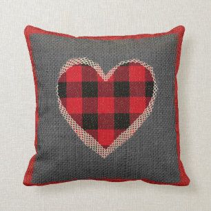 Rustic Red Buffalo Plaid Heart Burlap Faux Lace Throw Pillow