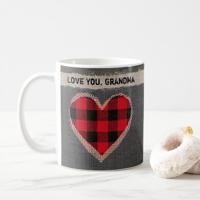 Rustic Red Buffalo Plaid Heart Love You Grandma Coffee Mug (With Donut)