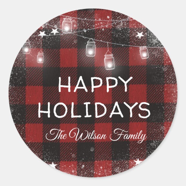Rustic Red Buffalo Plaid Holiday String Lights Classic Round Sticker (Front)