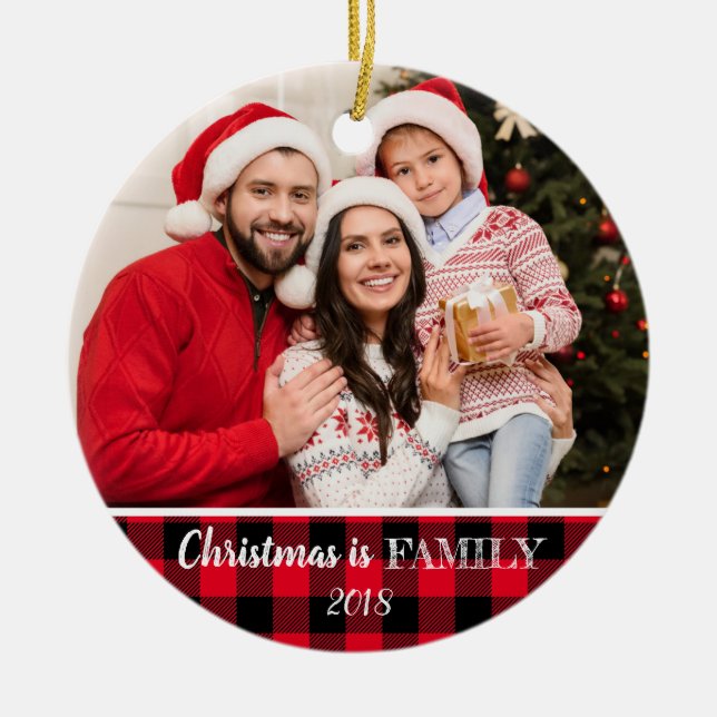 Rustic Red Buffalo Plaid Photo Christmas Family Ceramic Ornament (Front)