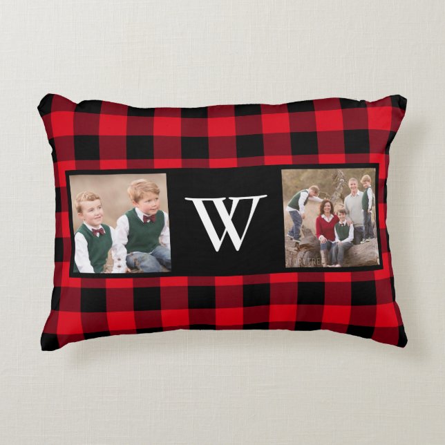 Rustic Red Buffalo Plaid Photo Collage Monogram Accent Pillow (Front)