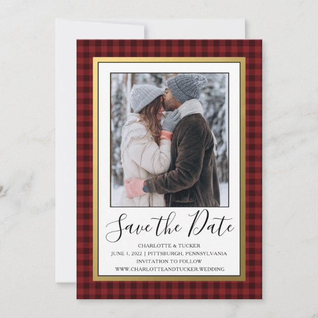 Rustic Red Buffalo Plaid | Photo Save the Date  (Front)