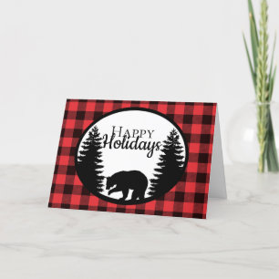 Rustic Red Buffalo Plaid Pines and Bear Holiday Card