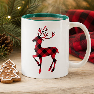 Rustic Red Buffalo Plaid Reindeer Christmas Two-Tone Coffee Mug