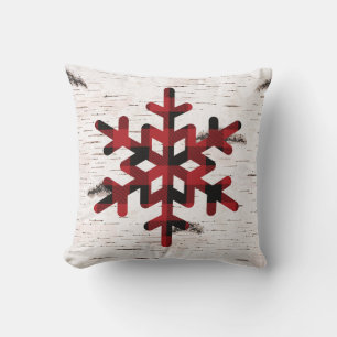 Rustic Red Buffalo Plaid Snowflakes on Birch  Throw Pillow