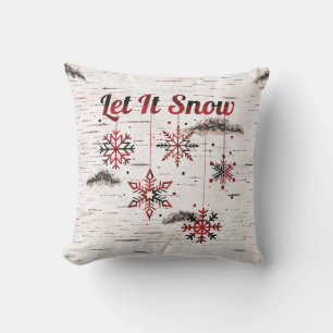 Rustic Red Buffalo Plaid Snowflakes on Birch Throw Pillow