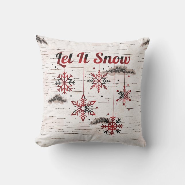 Rustic Red Buffalo Plaid Snowflakes on Birch   Throw Pillow (Front)