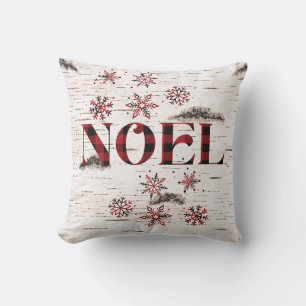 Rustic Red Buffalo Plaid Snowflakes on Birch Throw Pillow
