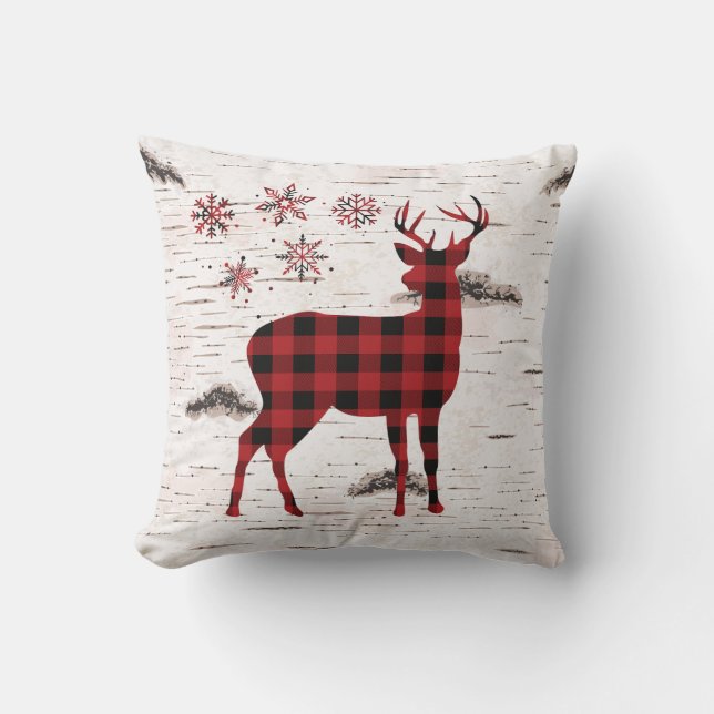 Rustic Red Buffalo Plaid Snowflakes-Reindeer  Throw Pillow (Front)