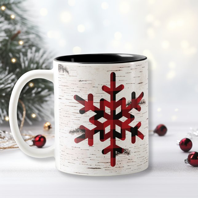 Rustic Red Buffalo Plaid Snowflakes White Birch  Two-Tone Coffee Mug (Creator Uploaded)