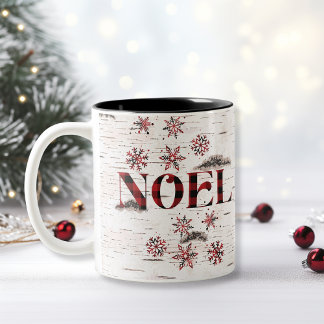 Rustic Red Buffalo Plaid Snowflakes White Birch  Two-Tone Coffee Mug