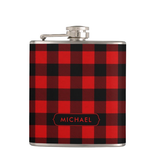 Rustic Red Buffalo Plaid with Any Name Hip Flask (Front)