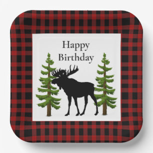 Rustic Red Buffalo Plaid with Moose Birthday  Paper Plate