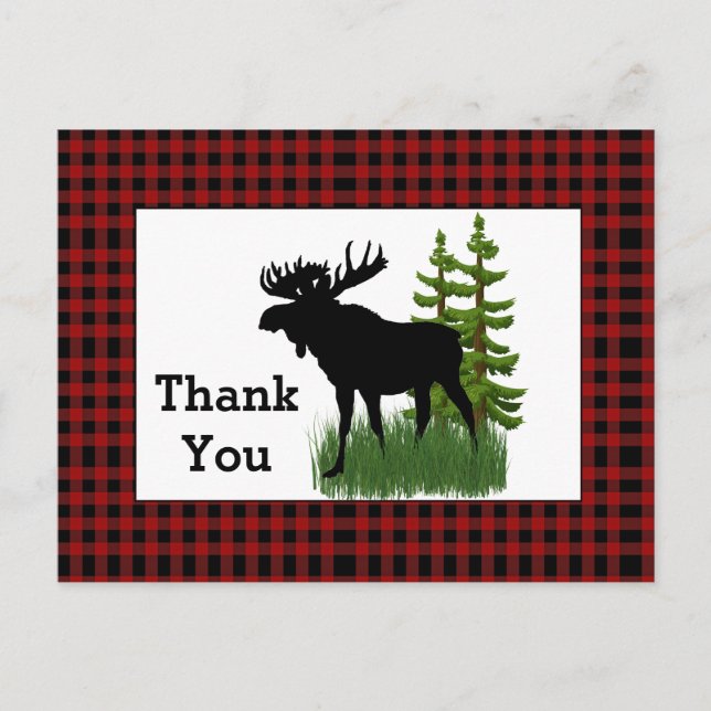 Rustic Red Buffalo Plaid with Moose Thank You Postcard (Front)