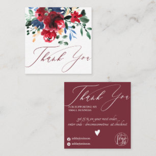 Rustic red burgundy floral navy order thank you square business card