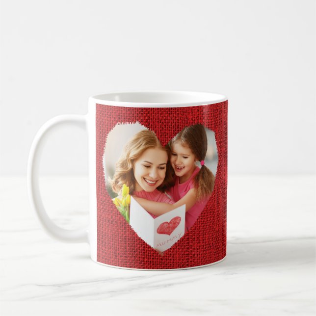 Rustic Red Burlap Heart Mom Photo Mother's Day Coffee Mug (Left)