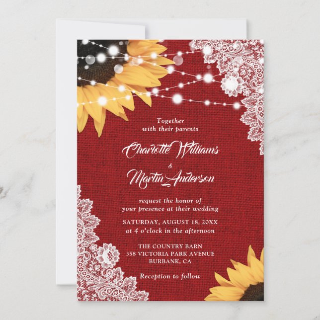 Rustic Red Burlap Lace Sunflower Wedding Invitation (Front)