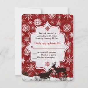Rustic Red Burlap, Snowflakes, Deer Wedding RSVP Invitation