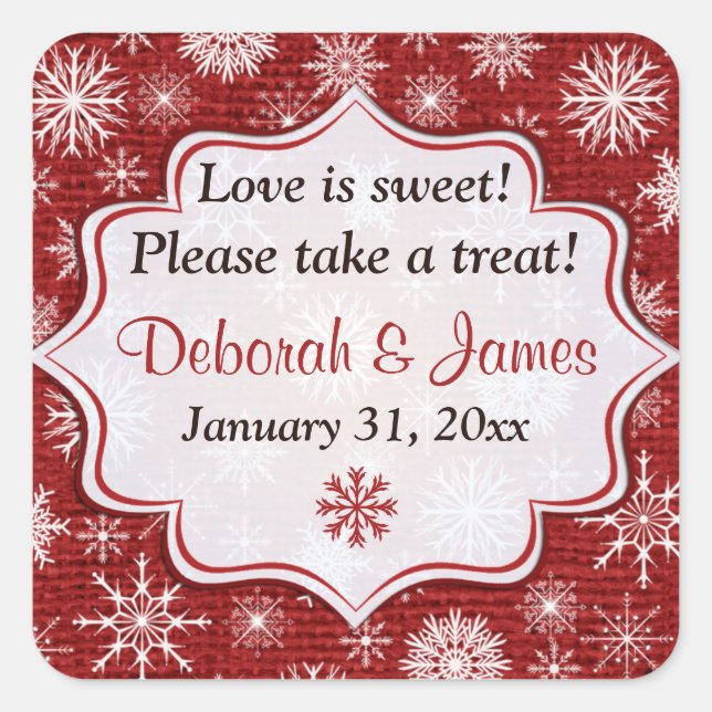 Rustic Red Burlap Snowflakes Wedding Favour Sticke Square Sticker (Front)