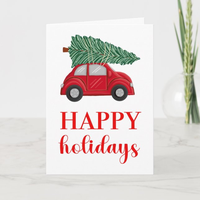 Rustic Red Car Happy Holidays Card (Front)