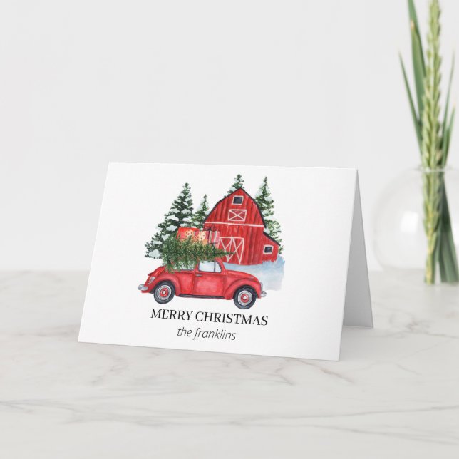 Rustic Red Car Merry Christmas Tree Barn Snow  Holiday Card (Front)