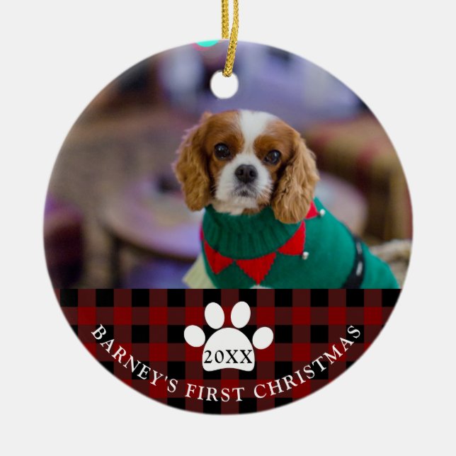Rustic Red checked Dog's First Christmas Photo Ceramic Ornament (Front)