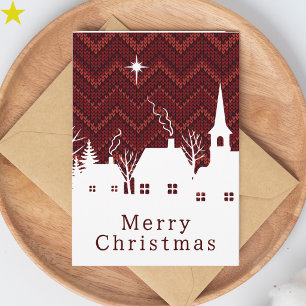 Rustic Red Chevron Knit Christmas Village Card