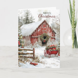 Rustic Red Christmas Barn and Wagon Holiday Card