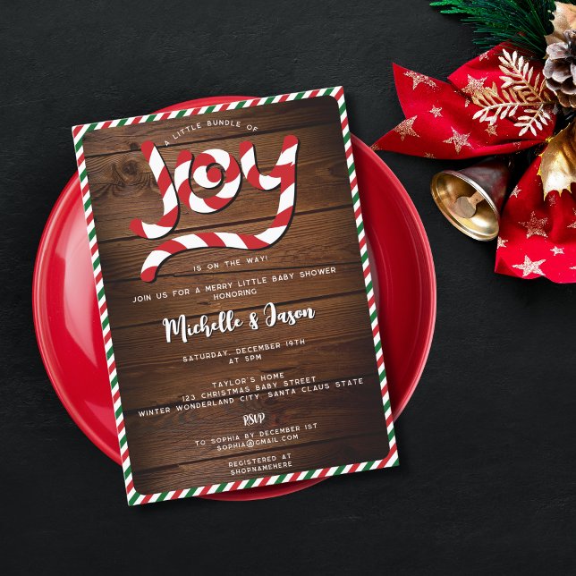 Rustic Red Christmas Candy Cane Joy Baby Shower Invitation (Creator Uploaded)