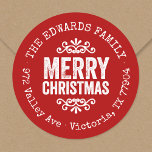 Rustic Red Christmas Circle Return Address Label<br><div class="desc">Affordable custom printed round return address stickers personalized with your family name and return address. This rustic modern holiday design features distressed MERRY CHRISTMAS lettering on a red background. Use the design tools to choose any background colour and edit text fonts and colours to further customize your own unique holiday...</div>