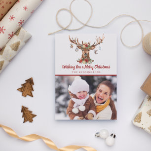 Rustic Red Christmas Deer Ornaments Holiday Photo Card